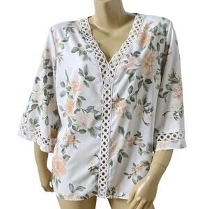 Escalier Womens Large Boho Floral Blouse V Neck Crochet Trim Bell Sleeve Top